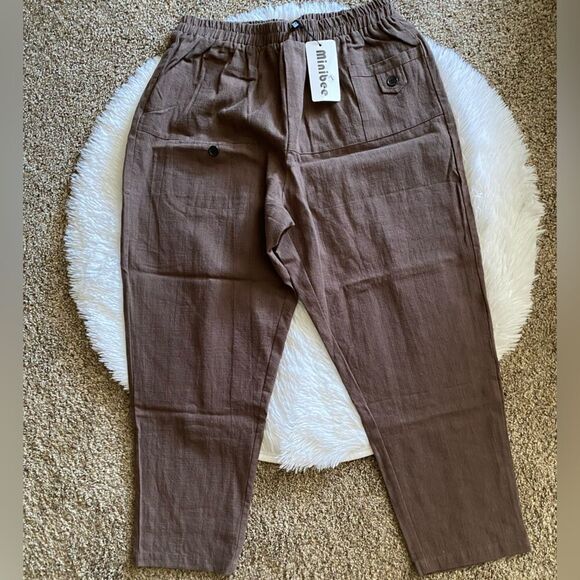 Minibee Brown Linen Cotton Blend Pants Pull On New Elastic Waist Womens Large - Picture 1 of 8